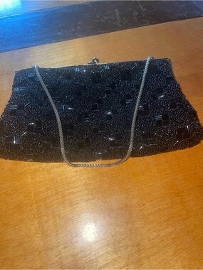 HONG KONG Black Beaded Evening Clutch with Chain Strap